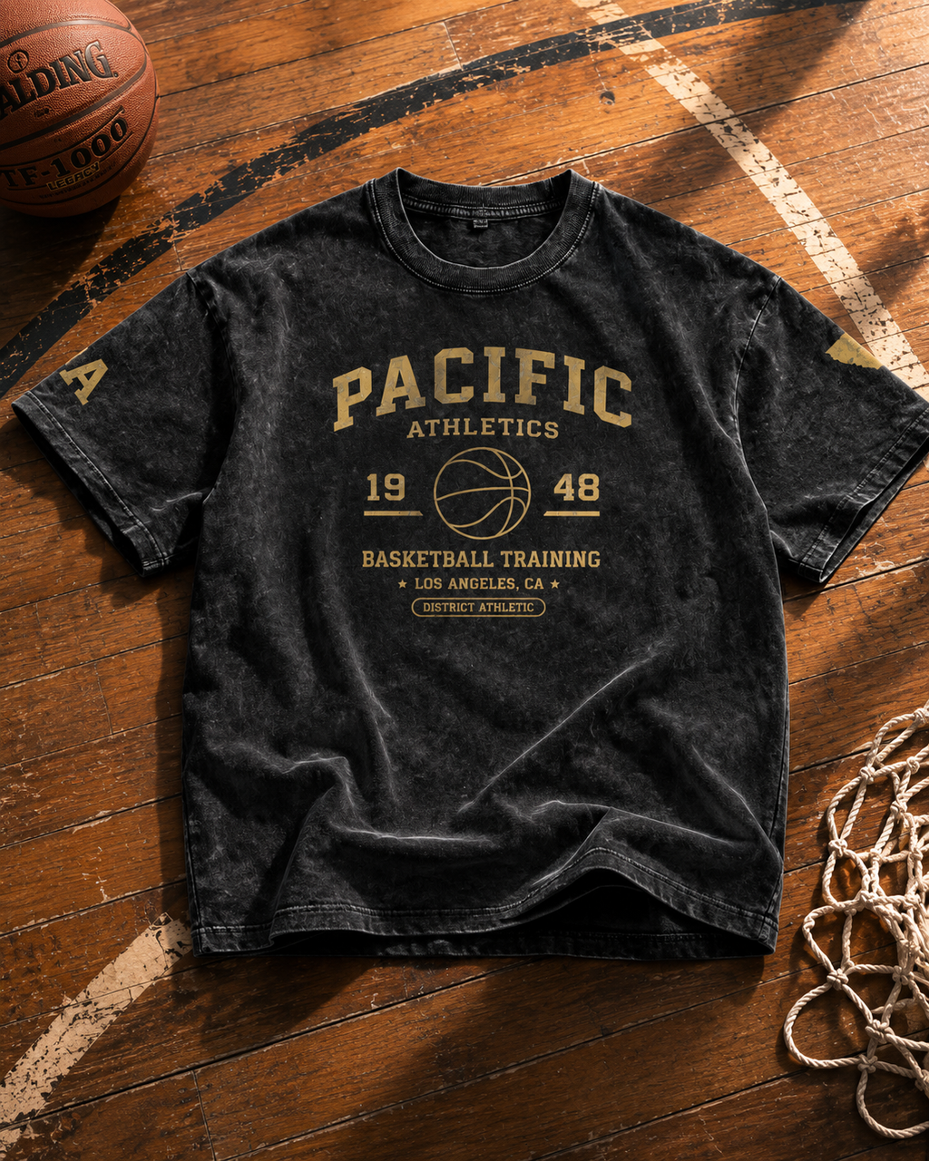 Pacific Athletics Heavyweight Vintage Wash T-Shirt — Washed Black / Gold