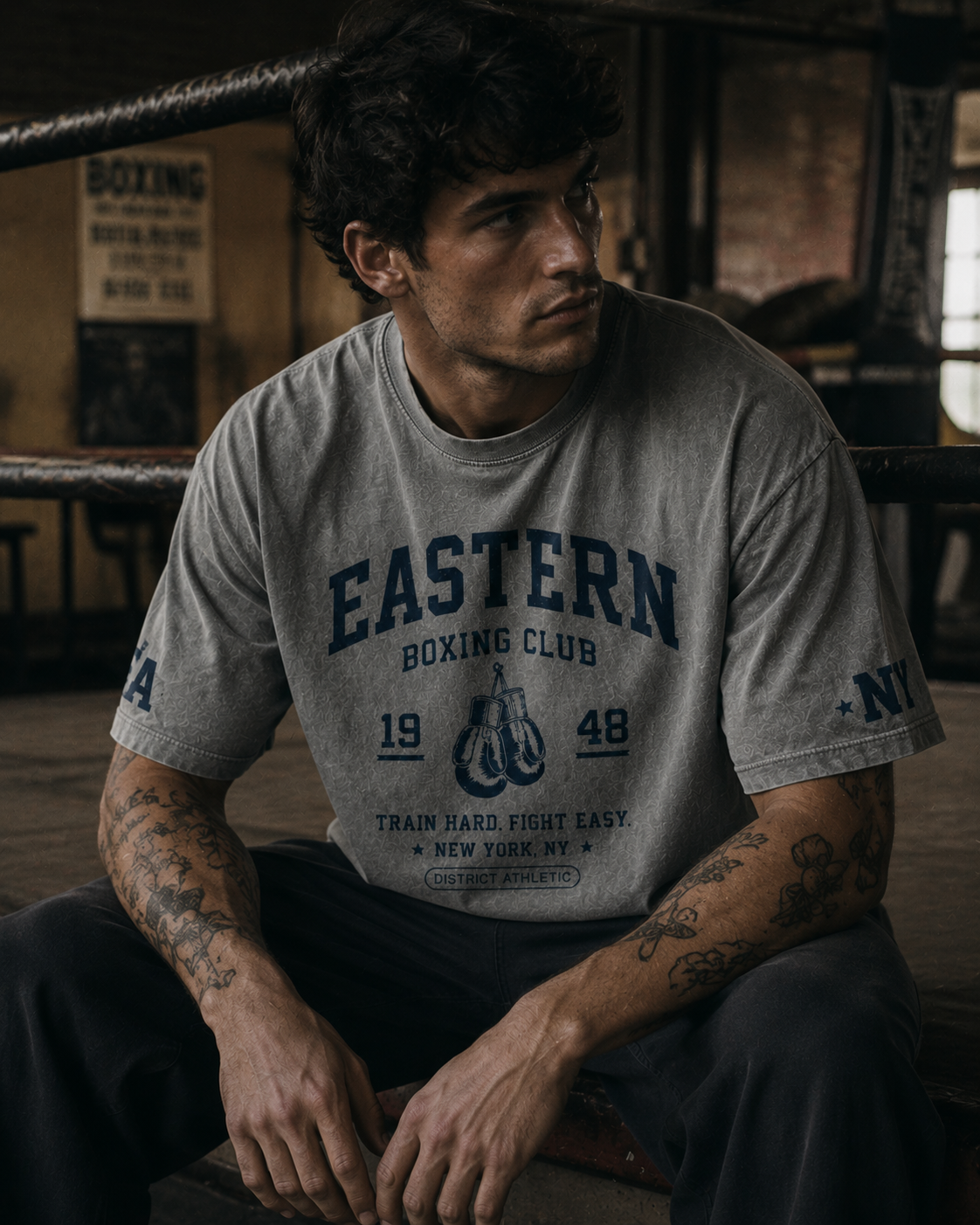 Eastern Boxing Club Heavyweight Vintage Wash T-Shirt — Slate Grey / Navy