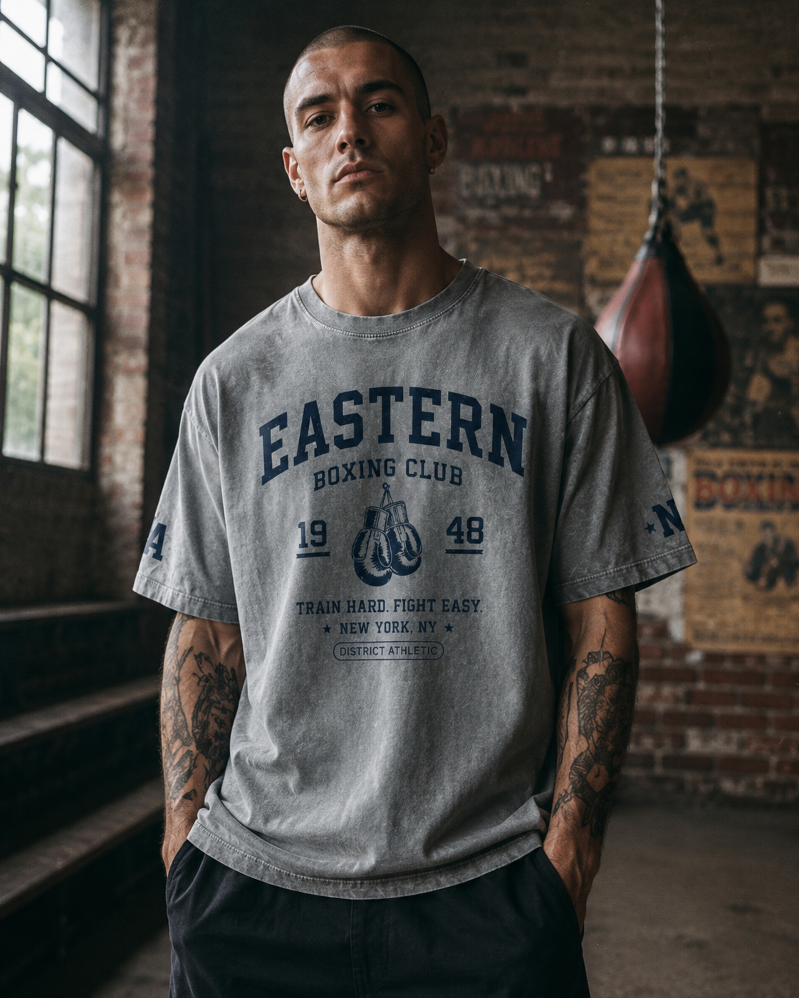 Eastern Boxing Club Heavyweight Vintage Wash T-Shirt — Slate Grey / Navy