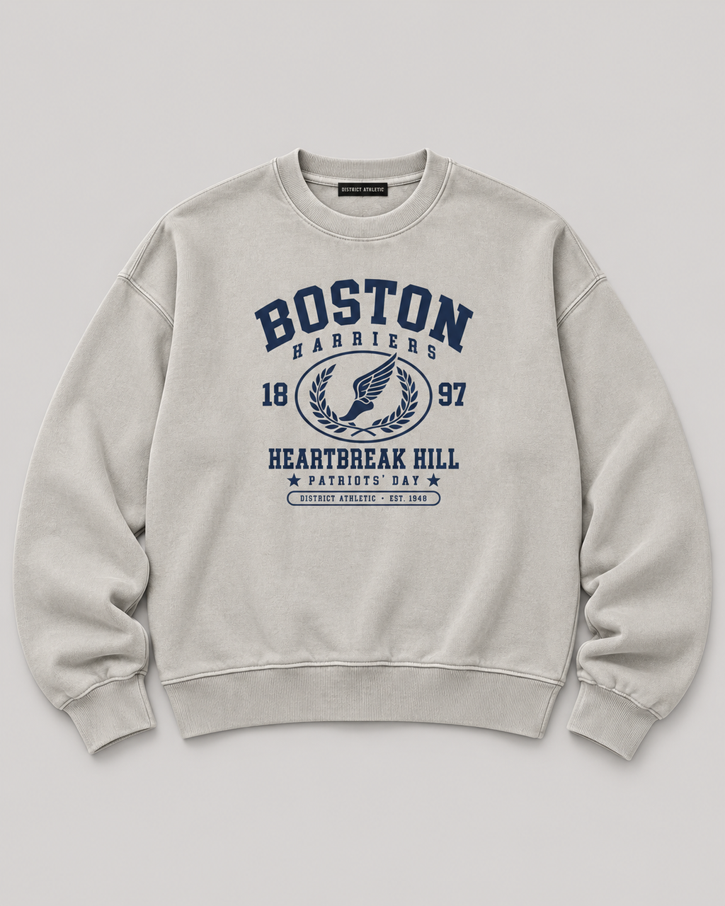 The Boston Harriers Crewneck in washed grey, front