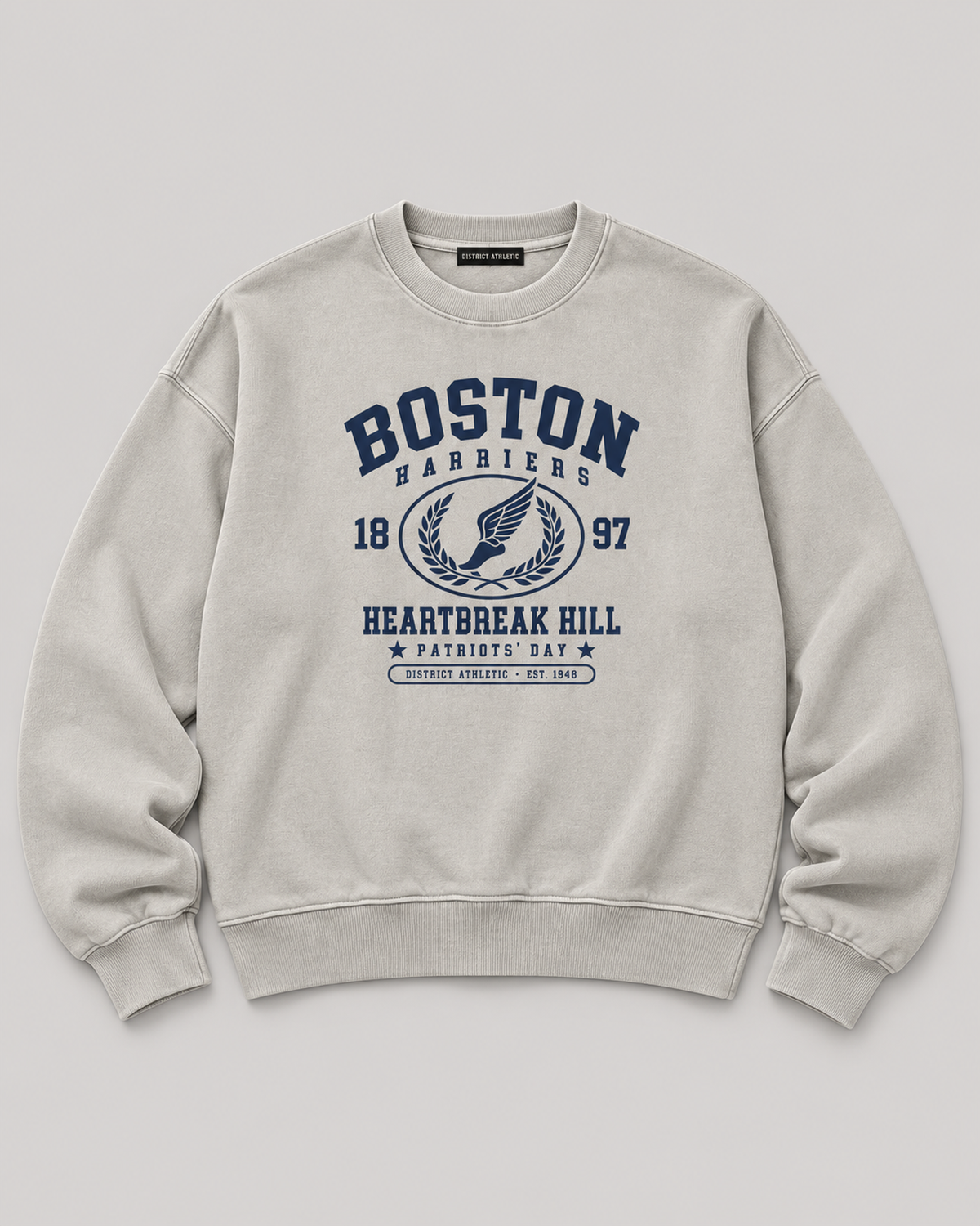 The Boston Harriers Crewneck in washed grey, front