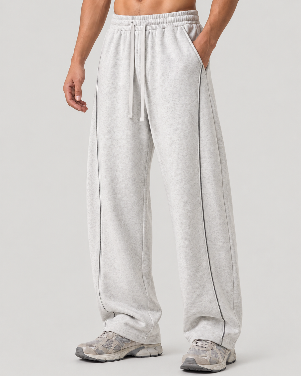 The Barrel Sweatpant in grey marl, on model, front