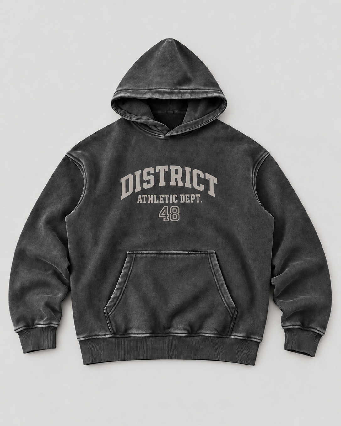 The District Hoodie in charcoal, front