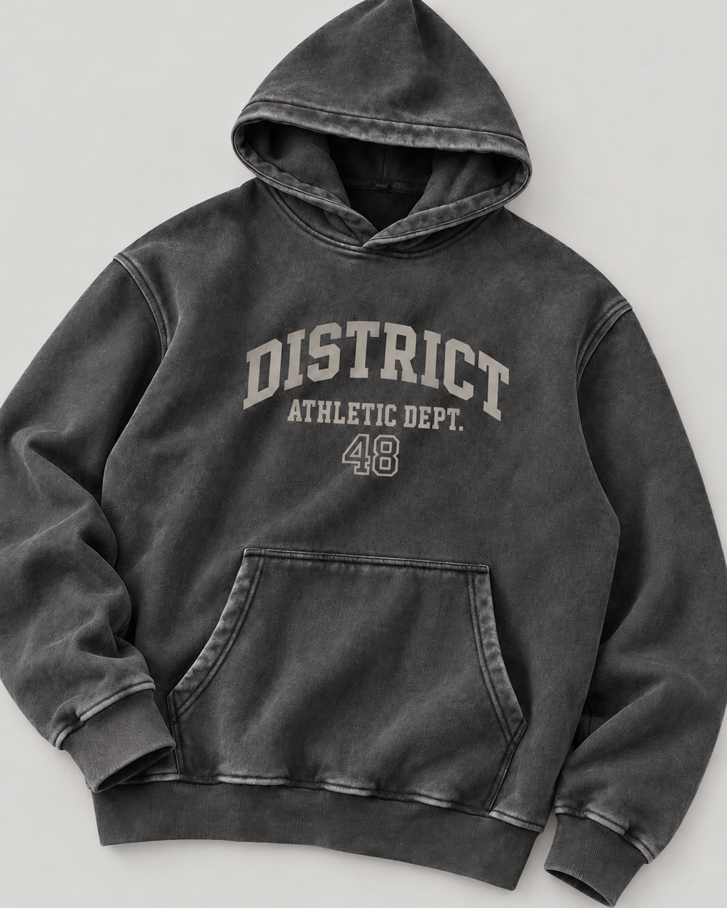 The District Hoodie in charcoal, chest print detail