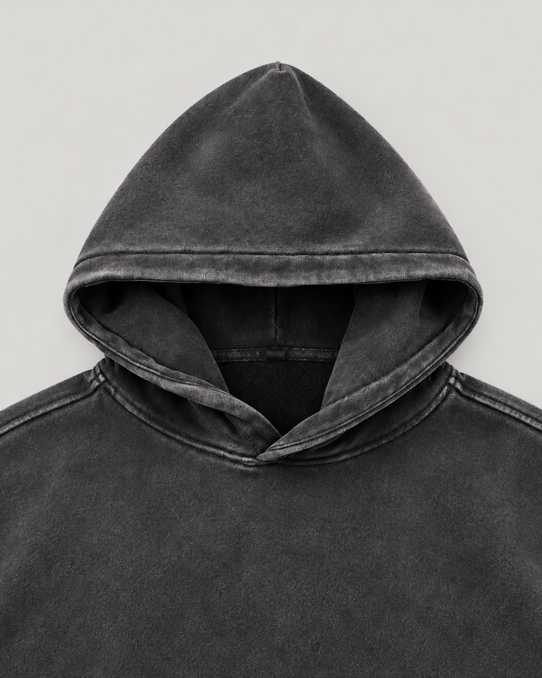 The District Hoodie in charcoal, hood and fabric detail