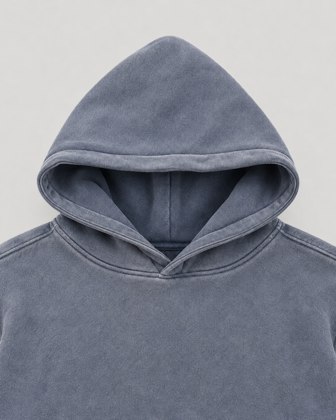 The District Hoodie in slate blue, hood and fabric detail