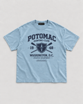 The Potomac Tee in blue with navy print, front