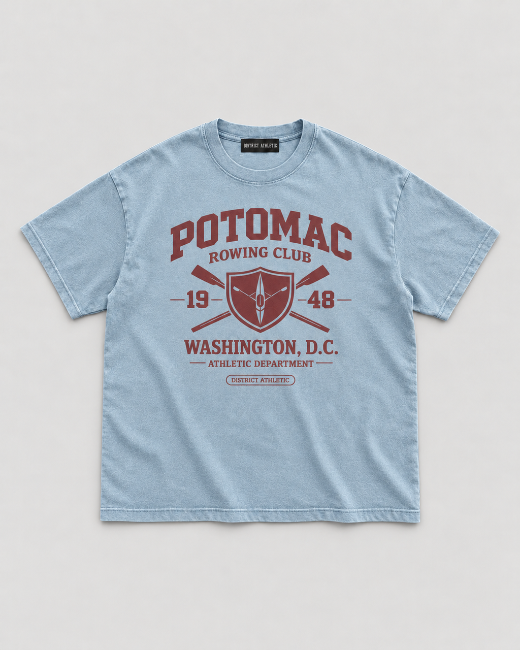 The Potomac Tee in blue with red print, front