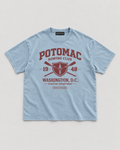The Potomac Tee in blue with red print, front