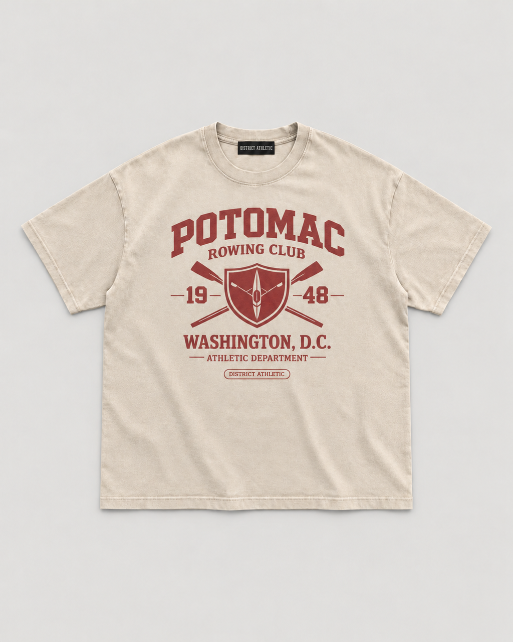 The Potomac Tee in sand with red print, front