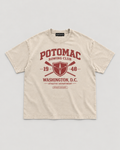 The Potomac Tee in sand with red print, front